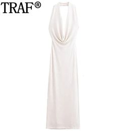 TRAF – robe longue froncée pour femmes, col licou, épaules dénudées, tenue de soirée en fil métallique, dos nu, Sexy, bal de promo, été, 240320