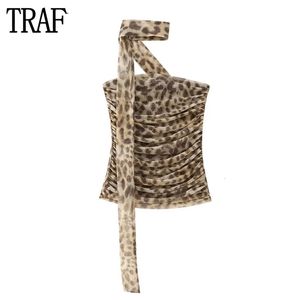 Traf Leopard Print Tulle Tops pour femmes Rucched Crop Top Woman Sexy Backless Corset Top Femmes Summer Beach Halter Top Femme 240418