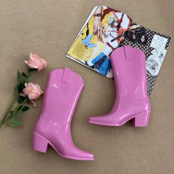 TRAF NUEVAS Mujeres Botas de lluvia Knee Alta Cowboy Rubber Boots Elástica Solid Watgirl Boots Pink Boots Ladies Cáuseas Medio Tacón