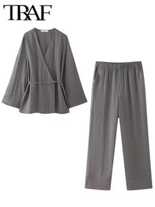 Traf Pyjama Style Pants Sets Dames 2 stuks Fashion Kimono Top Dames Suit Two Pally Set Outfit 240408