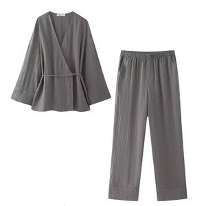 Traf Pyjama Style Pants Sets Women 2 Pieces Fashion Kimono Top Dames Suit Two Piece Set Outfit 240430