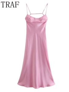 TRAF rose robes longues femmes sans manches Satin Slip découpé femme dos nu Sexy fête fente Midi 220520