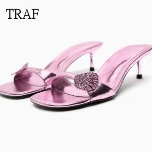 Traf Pink Womens Sandals Righestone Square Head Cat Heel Sandales Summer Elegant Femmes Chaussures à talons Stiletto Lady Slippers 240329