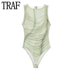Traf Print Ruffle Mesh BodySuit Femmes Elegant Tulle Sexy Body Femme Rucched Sans manches BodyCon High Cut BodyS Claits For Women 240407