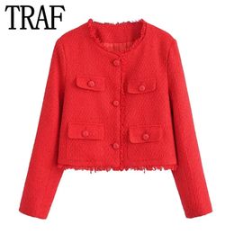 Traf Red Tweed Jacket Femmes Automne Cropped Vesage Veste femme Chic et Elegant Woman Veste à manches longues Vestes pour femmes 240506