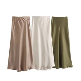Traf Satin Midi Skirt Woman Faldas largas de cintura alta para mujeres Faldas para mujer de fiesta elegante otoño 240408
