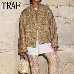 TRAF veste surdimensionnée à paillettes femme veste en tweed recadrée pour femmes de luxe or à manches longues Bomber vestes vieil argent veste d'automne 240301