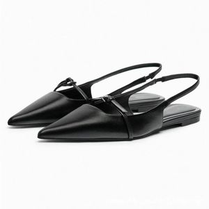 TRAF Slingback fond plat femmes sandales été en cuir noir pointu femme chaussures de Ballet ZAZA mode Lowheel 240329