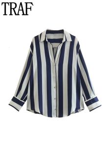 Traf gestreepte oversized shirt vrouwen satijnen blouse vrouwelijke lange mouw button up shirts voor vrouwen collared shirts en blouses dames 240426