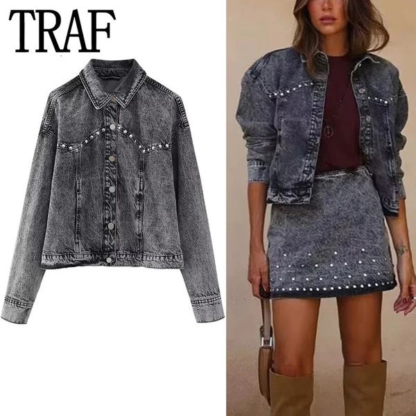 TRAF veste en jean cloutée femme gris vestes en jean pour femmes Streetwear veste courte à manches longues femmes automne vestes 240301