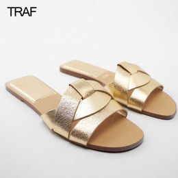 Traf Summer 2022 Slippers pour femmes Gold Flat Criss-Cross Cuir Sandals Sandales Femme Slingback Shoes T2302