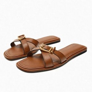 TRAF Zomer Casual Schoenen Voor Vrouw Strand Stijl Ronde Tenen Platte Lederen Sandalen Mode Bruin Dames Slippers 240326