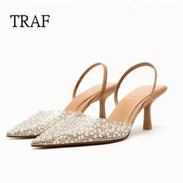 TRAF Zomer vrouwen met hoge hakken sandalen mode parel decoratie slingback vrouw pumps puntige hakken elegante schoenen 240410