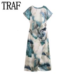 TRAF – robe longue en Satin teint par nouage pour femme, manches courtes, mi-longue, imprimée, Vintage, fente latérale, élégante, été, 240326