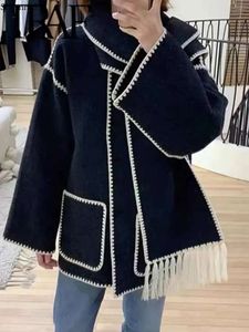 TRAF avec écharpe surdimensionné femmes Trench manteau automne hiver chaud épais à manches longues boutons veste ample femme coupe-vent 231102