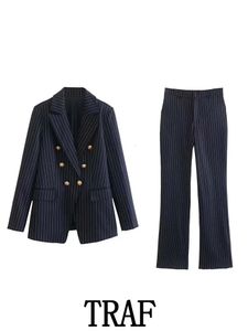 TRAF femme 2 pièces ensembles mode fine rayure Double boutonnage Blazer veste manteau hauts mince pantalons longs casual trajet 240127