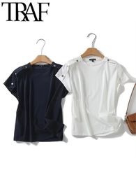 Traf Woman Fashion minimaliste de style britannique British Drop épaule manche ronde rond Tshirt Blouses doux 240322