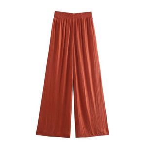 TRAF mujeres 2021 moda Color sólido plisado pantalones de pierna ancha cintura elástica bolsillos laterales Casual verano pantalones largos Streetwear Q0801