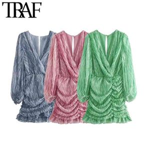 TRAF femmes Chic mode imprimé Animal asymétrique drapé Mini robe Vintage à manches longues à volants femmes robes Mujer 210806