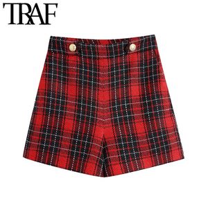 TRAF Femmes Chic Mode Boutons décoratifs en métal Check Shorts Vintage Taille haute Retour Zipper Femme Pantalon court Mujer 210415