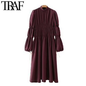 TRAF femmes Chic mode élastique rassemblement détail lâche robe mi-longue Vintage à manches longues évents latéraux femmes robes Mujer 210415