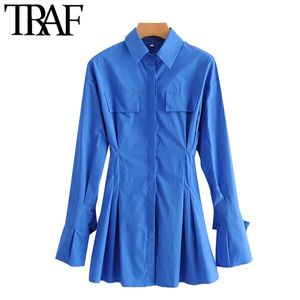 TRAF femmes Chic mode fausses poches ajustée Mini chemise robe Vintage à manches longues boutonnées femmes robes Vestidos 210415