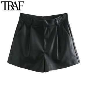 TRAF Dames Chique Fashion Faux Lederen Geplooide Shorts Vintage Hoge Taille Zipper Vlieg Zijpjes Vrouwelijke Korte Broek Mujer 210415