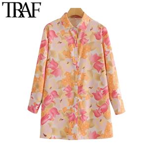 TRAF femmes Chic mode imprimé fleuri lâche Mini chemise robe Vintage à manches longues bouton-up femmes robes Vestidos Mujer 210415