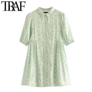 TRAF Mujeres Chic Moda Estampado floral Mini camisa Vestido Vintage Puff Mangas con forro Vestidos femeninos Vestidos Mujer 210415