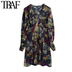 Traf Women Chic Fashion Floral Print Mini Dress Vintage V Neck Long Sleeve vrouwelijke jurken Vestidos Mujer 210415