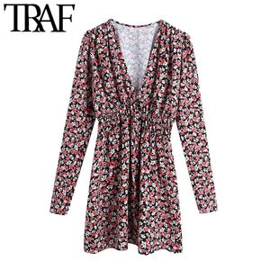 TRAF Femmes Chic Mode Floral Imprimer Mini Robe Plissée Vintage Manches Longues Taille Élastique Robes Féminines Robes Mujer 210415