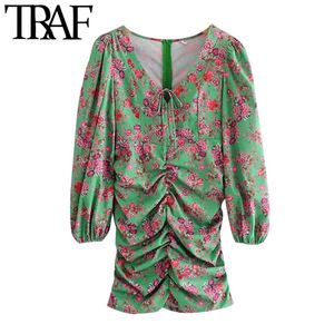 TRAF Femmes Chic Mode Floral Imprimer Mini Robe Plissée Vintage Lanterne Manches Dos Zipper Robes Féminines Robes 210415