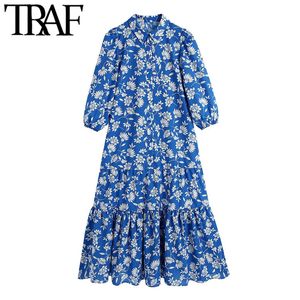 TRAF femmes chics chic mode floral imprimé ébouriffé robe midi vintage manche bouffée boutonnée robe femelle robes vestidos mujer 210415