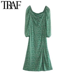 Traf Women Chic Fashion Floral Print Side Slit Midi Dress Vintage Tied V Neck Lantern Sleeve vrouwelijke jurken Vestidos 210415