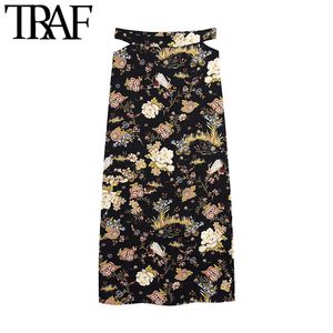 TRAF Dames Chique Fashion Floral Print Side Vents Midi Rok Vintage High Cut-Out Taille Back Rits Dames Rokken Mujer 210415