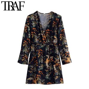 Traf Women Chic Fashion Floral Print Warp Mini Dress Vintage Long Sleeve met voering vrouwelijke jurken Vestidos Mujer 210415