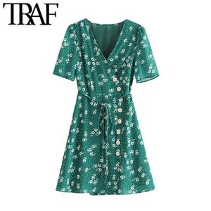 Traf Women Chique Fashion Floral Print met Belt Wrap Mini Dress Vintage V Neck Puff Sleeve vrouwelijke jurken Vestidos Mujer 210415