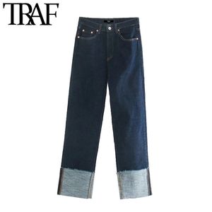 TRAF Dames Chique Fashion Gevouwen Wide Been Jeans Vintage Hoge Taille Zipper Vlieg Denim Vrouwelijke Broek Mujer 210415