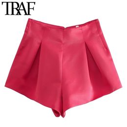 TRAF Dames Chique Mode Voorzijde Geplooid Soft Touch Bermuda Shorts Vintage Hoge Taille Back Rits Vrouwelijke Korte Broek Mujer 220419