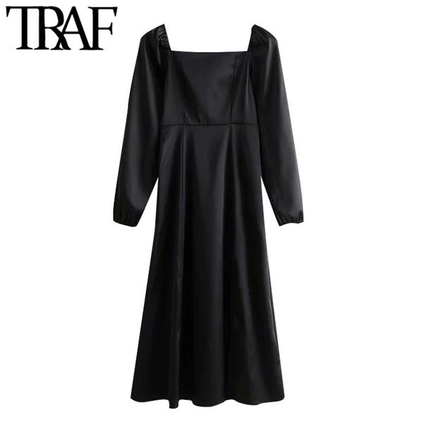 TRAF Femmes Chic Mode Front Slit Soft Touch Robe Midi Vintage Manches Longues Dos Élastique Robes Femme Robes Mujer 210415