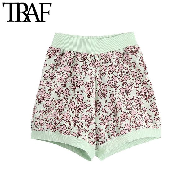 TRAF femmes Chic mode Jacquard tricoté Shorts Vintage taille haute élastique femme pantalon court Mujer 210415