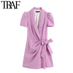 TRAF femmes Chic mode tenue de bureau Blazer-Style combishort Vintage croisé col en V manches bouffantes nœud noué femme combinaison 210415