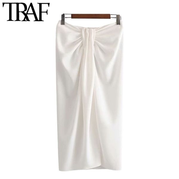 TRAF femmes Chic mode tenue de bureau noué Wrap jupe mi-longue Vintage taille haute dos fermeture éclair fente femme jupes Faldas Mujer 210331