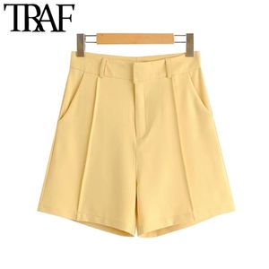 TRAF Dames Chique Fashion Office Wear Side Pockets Rechte Shorts Vintage Hoge Taille Rits Vlieg Vrouwelijke Korte Broek Mujer 210719