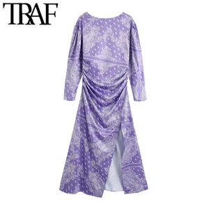 TRAF Femmes Chic Mode Paisley Imprimer Robe Midi Plissée Vintage Manches Longues Fermeture À Glissière Fendue Robes Féminines Mujer 210415