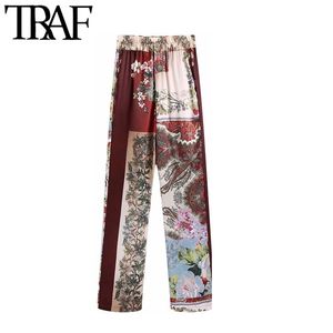 TRAF Dames Chique Fashion Patchwork Print Rechte Broek Vintage Hoge Elastische Taille Side Pockets Vrouwelijke Broek Mujer 210915