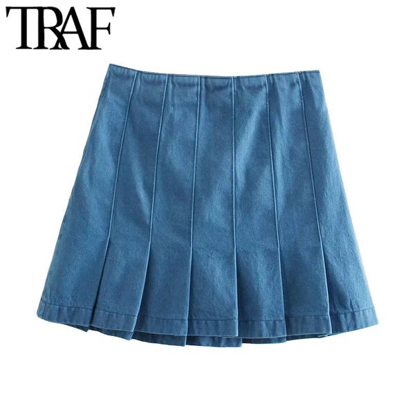 TRAF Femmes Chic Mode Plissée Denim Mini Jupe Vintage Taille Haute Fermeture À Glissière Femelle Jupes Mujer 210415