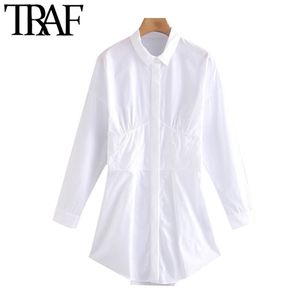 TRAF Women Chic Fashion Plooited White Mini Shirt Jurk Vintage Lange Mouw Button-Up Vrouwelijke Jurken Vestidos Mujer 210415