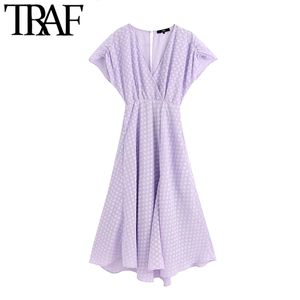 TRAF mujeres Chic moda lunares texturizado Midi vestido Vintage cruzado cuello en V manga corta Vestidos femeninos Vestidos 210415