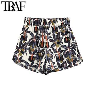 Traf dames chique mode bedrukte shorts vintage hoge elastische taille gezellige vrouwelijke korte broek pantalones cortos 210415